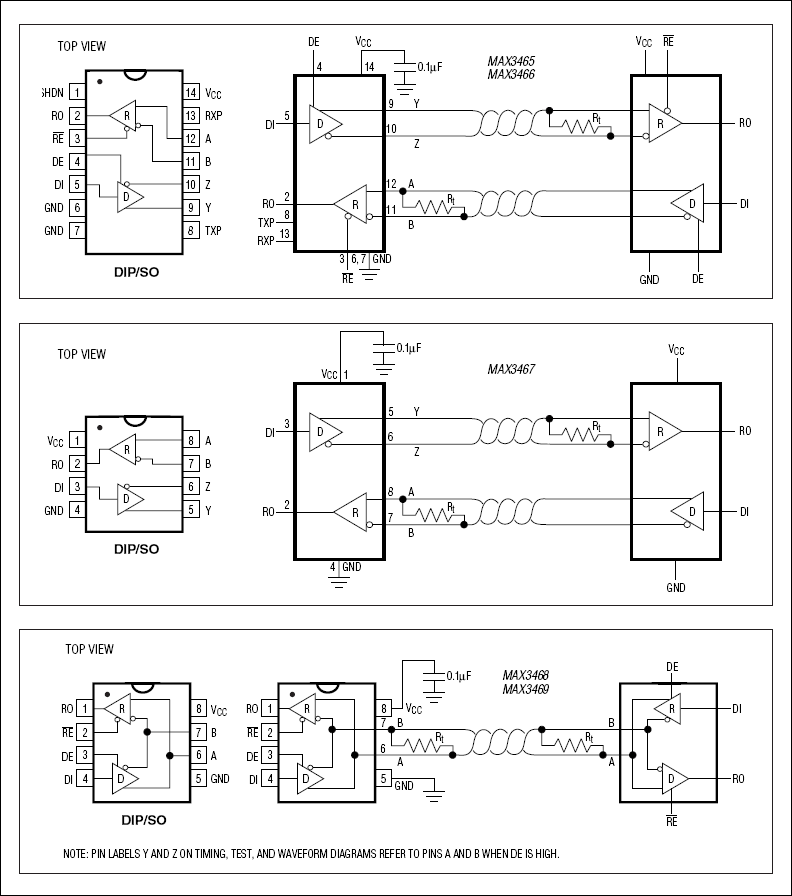 MAX3465、MAX3466、MAX3467、MAX3468、MAX3469：引脚配置和典型工作电路