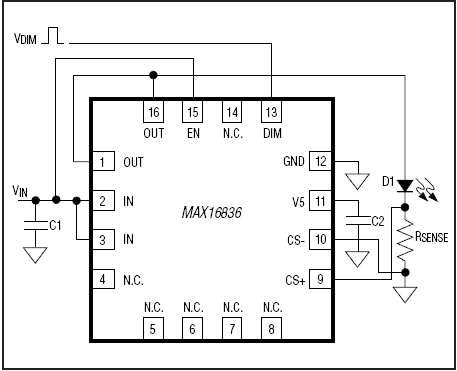 MAX16836：典型工作电路