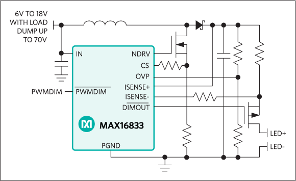 MAX16833、MAX16833B：简化工作电路