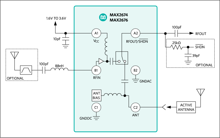 MAX2674、MAX2676：典型工作电路