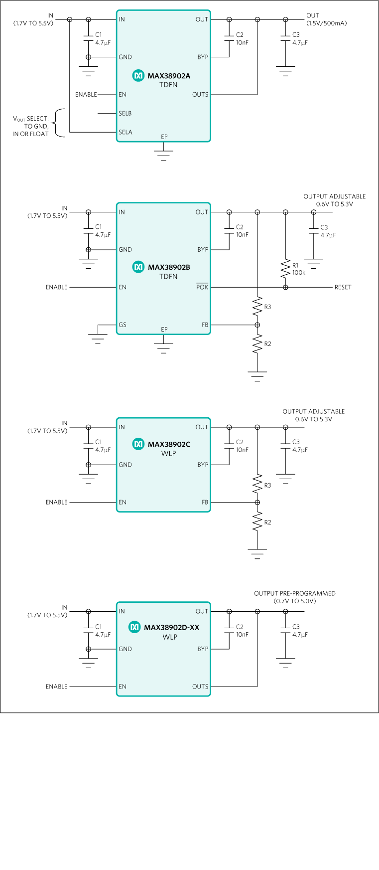 MAX38902A, MAX38902B, MAX38902C, MAX38902D: Typical Operating Circuits