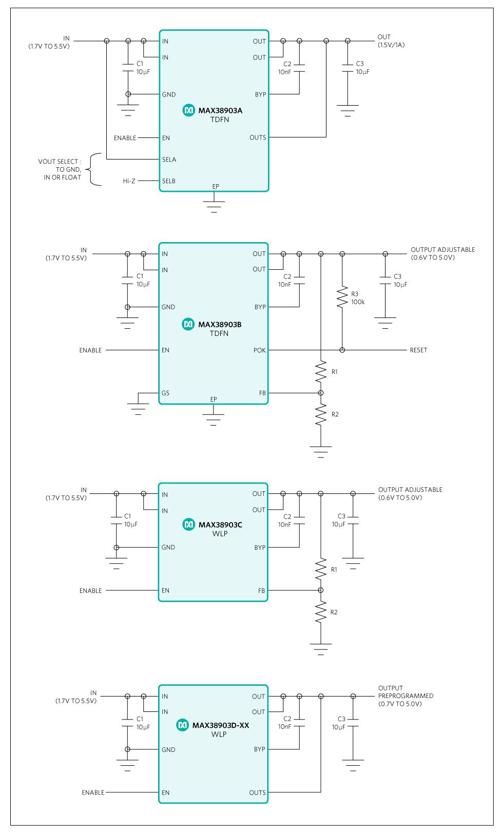 MAX38903A, MAX38903B, MAX38903C, MAX38903D: Typical Operating Circuits