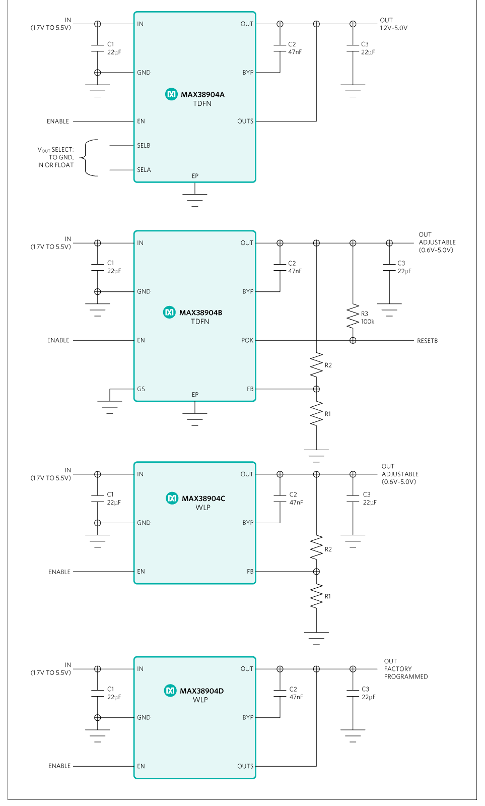 MAX38904A, MAX38904B, MAX38904C, MAX38904D: 
Typical Application Circuits