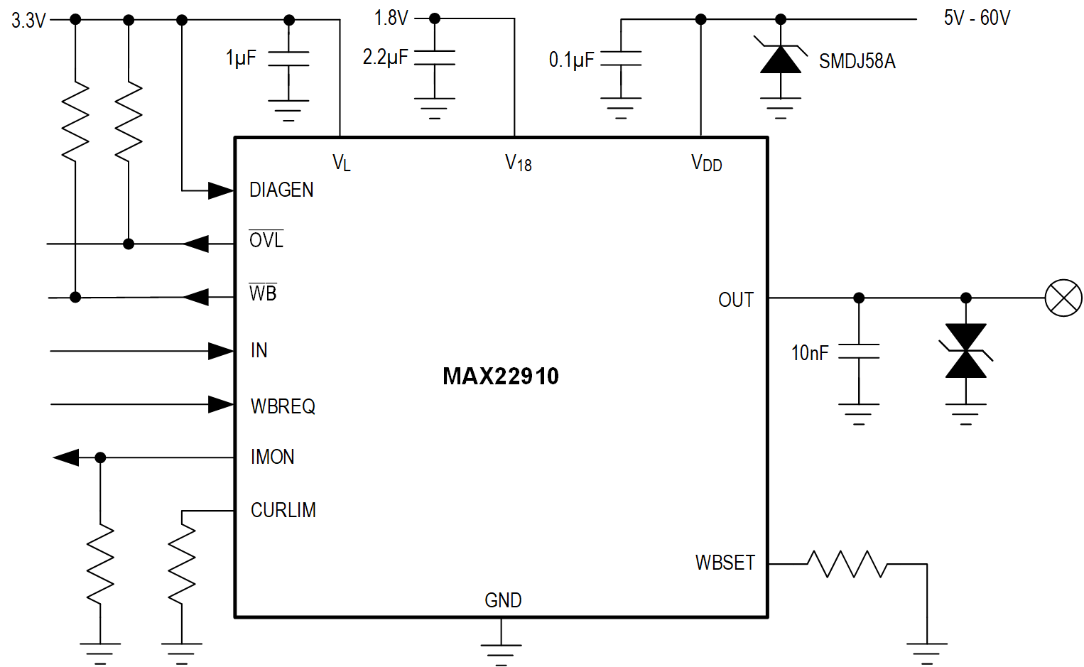 MAX22910 Simple Application Diagram