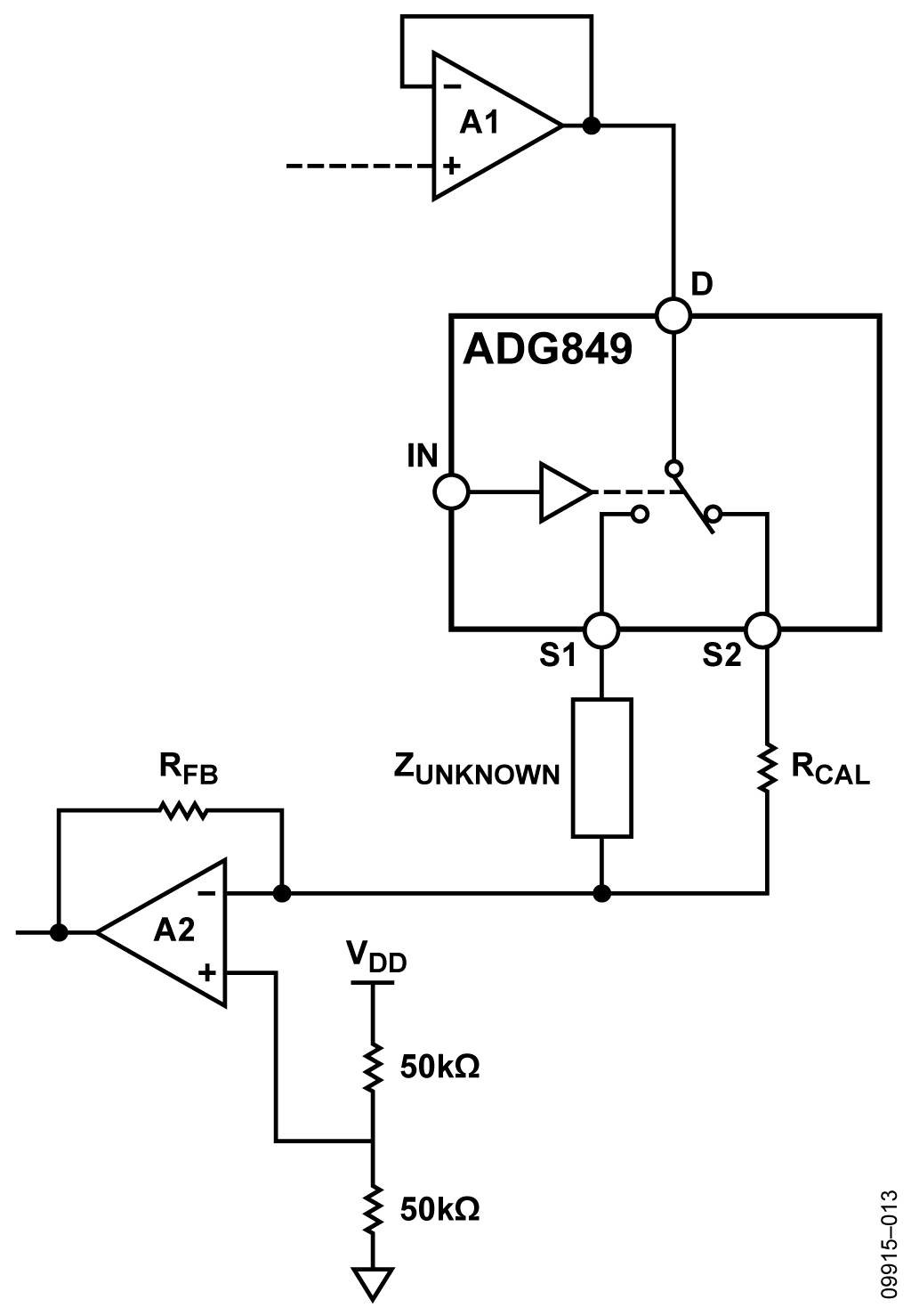 Switching Between RCAL and Unknown Z Using the ADG849 Ultralow RON SPDT Switch