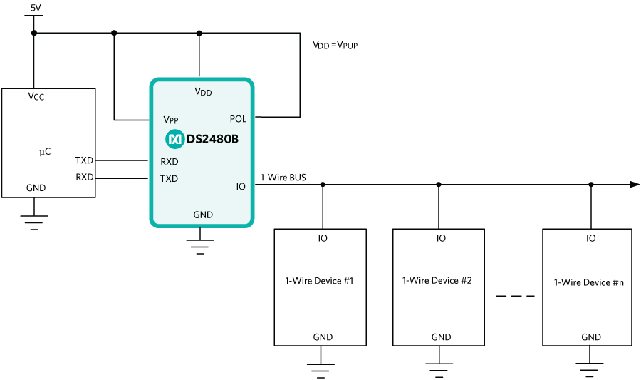 Figure 3. DS2480B connected to a host microcontroller UART port