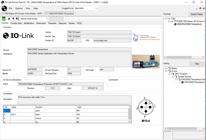 The TMG TE IO-Link Device Tool with the MAXREFDES164#.