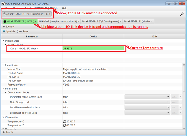 Figure 3. The iqPDCT IO-Link Device Tool with the MAXREFDES173#.