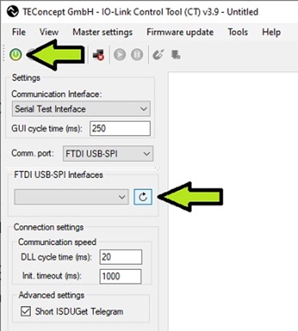 Figure 4. Connect and Refresh buttons in the IO-Link Control Tool software.