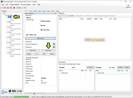 Figure 6. Port selections in the IO-Link Control Tool software.