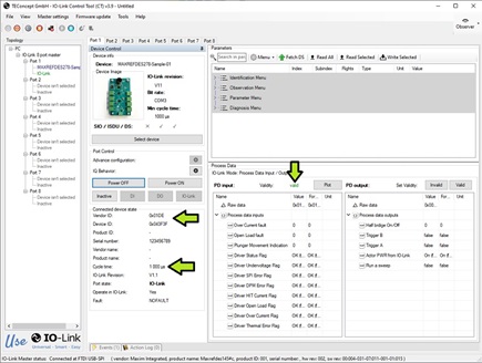 Figure 7. Successfully communication established in the IO-Link Control Tool software.