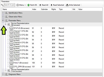 Figure 8. Device Parameterization (Bit access) menu.