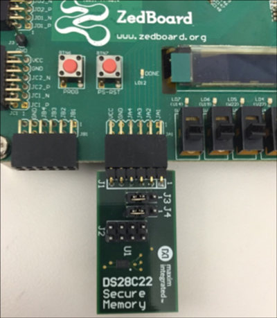 MAXREFDES43 inserted into the ZedBoard development platform