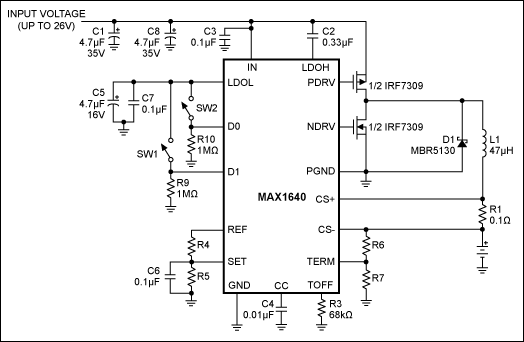 Figure 2. This switch-mode-charger, the MAX1640, exhibits high efficiency over a wide range of source voltage, battery voltage, and charging current