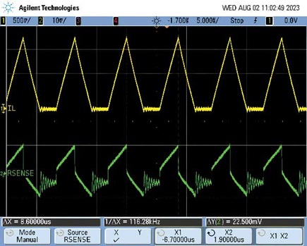 Figure 10. Undersized inductor output waveform. Ringing can also be observed in the switch node if the inductor current is inaccessible.