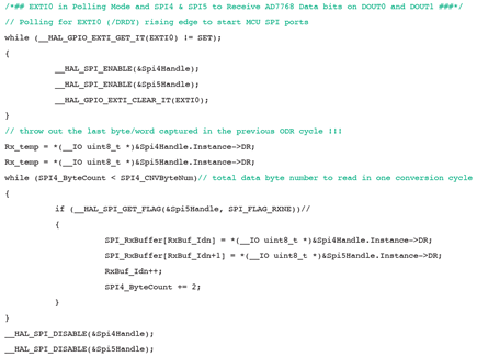 Figure 9. EXTI0 in polling mode and SPI4 and SPI5 to receive AD7768 data bits on DOUT0 and DOUT1.