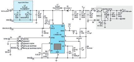 Figure 2. Same circuit as Figure 1 but with a capacitance multiplier (shaded) at the output to suppress audio frequency noise produced by the switching regulator.