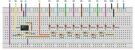 Figure 6. R-2R resistor ladder circuit breadboard connections