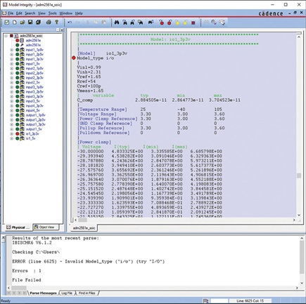 Figure 11. Parser test of a failed IBIS model using Cadence Model Integrity.