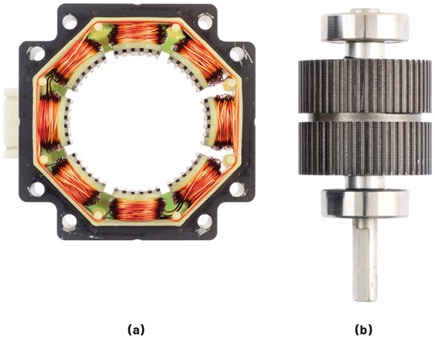 Figure 1. Hybrid stepper motor construction. (a) 8-pole stator. (b) Permanent magnet rotor.