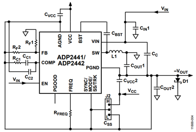 Figure 4. Inverting Buck Boost Topology Implemented with the ADP2441/ADP2442. Figure 4. Inverting Buck Boost Topology Implemented with the ADP2441/ADP2442.