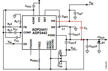 Figure 6. Inverting Buck Boost Topology with Input Decoupling Capacitor from VIN to GND Pin. Figure 6. Inverting Buck Boost Topology with Input Decoupling Capacitor from VIN to GND Pin.