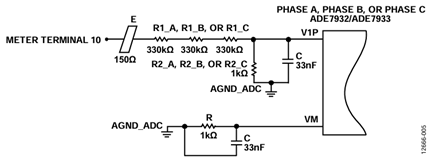 Figure 5. Interfacing the ADE7932/ADE7933 with a voltage divider.