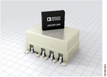 Figure 3. ADGM1304 5 mm × 4 mm × 0.95 mm LFCSP package compared to a typical RF EMR. Figure 3. ADGM1304 5 mm × 4 mm × 0.95 mm LFCSP package compared to a typical RF EMR.