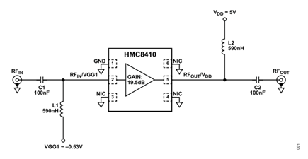 Figure 1. Setting the drain current of the HMC8410 low noise amplifier (LNA) using a negative gate bias voltage.