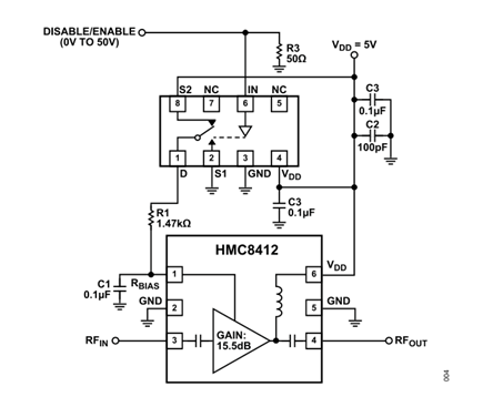 Figure 4. Using an SPDT analog switch and the RBIAS resistor to enable and disable the HMC8412, 400MHz to 11GHz LNA.