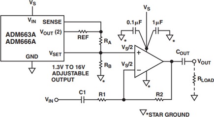 Figure 6. An Op Amp Single Supply Biasing Circuit Using A Linear Voltage Regulator.