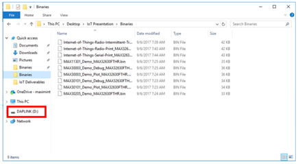 Figure 9. Drag the binary file onto the DAPLINK drive to program the microcontroller.