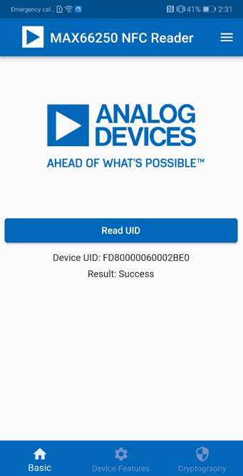 Figure 2. MAX66250 NFC reader app basic tab that appears on start-up.