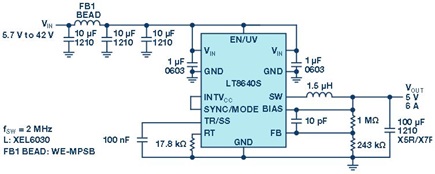 Ultralow EMI LT8640S 5 V/6 A step-down converter