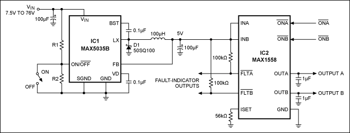 Figure 1. This automotive USB power supply generates two regulated, supply-voltage outputs from a single unregulated input.