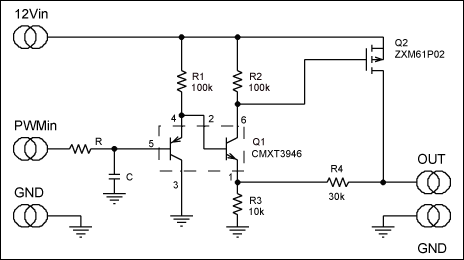 Figure 1. A simple circuit converts a low-voltage PWM signal to an amplified and buffered linear output.