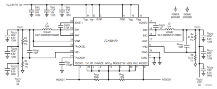 Figure 1. LTC3633: 1.8VOUT and 3.3VOUT, 2MHz Buck Regulator. 