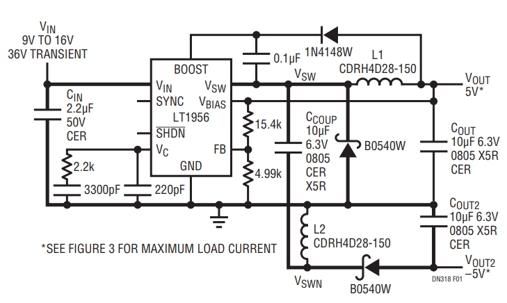 Figure 1. LT1956 9V to 16V Input (with 36V Transients), ±5V Output, 3mm Height All Ceramic Dual Polarity Converter with High ΔI/Δt Crucial Layout Path Indicated in Bold.