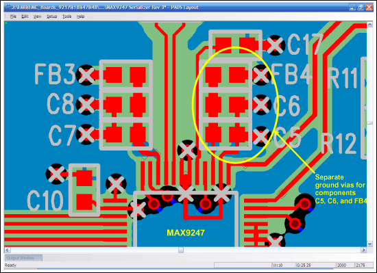 Figure 1. Recommended bypassing and grounding details for the MAX9247 serializer.