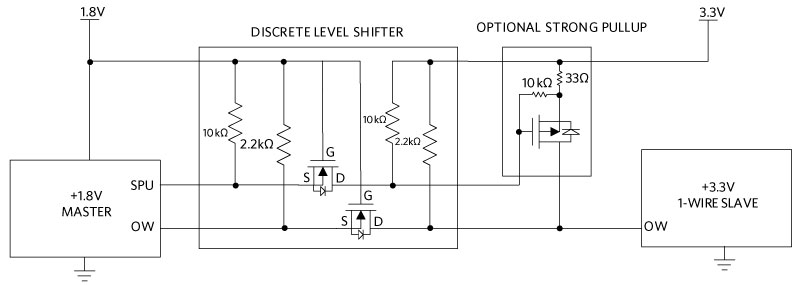 Bi-directional level shifter circuit that connects a 3.3V 1-Wire system to a 1.8V host MCU.