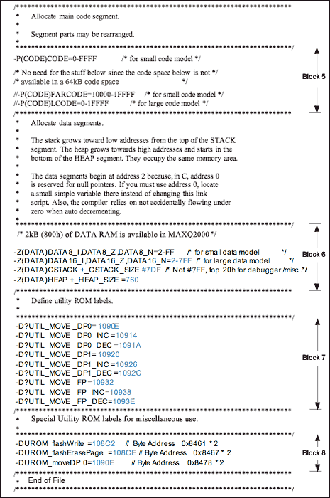 Figure 8. The continuation of the example linker (.xcl) file for MAXQ2000.