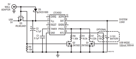 Figure 2. Dual Input Charger: 1A Fast Charging from Wall Adapter or 100mA/500mA from USB.