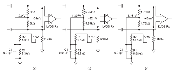 Figure 3. A robust fail-safe biasing circuit is shown (a) with nominal resistor values, (b) in a design that produces the greatest voltage differences at ±5% tolerance, and (c) in a design that produces the smallest voltage differences at ±5% tolerance.