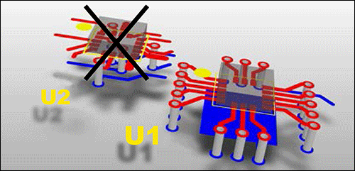 Figure 1. U1 shows optimal routing for sensors in LGA packages, whereas U2 shows that the layout rules have not been respected.