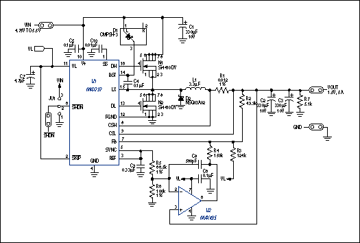 Figure 4. An accurate 1.5V step-down converter powers the termination resistors in a GTL data bus.