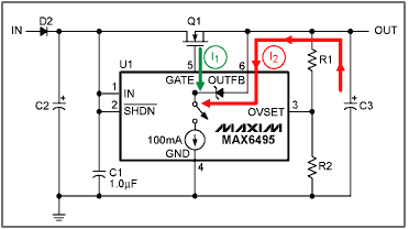 Figure 4. Typical overvoltage-limiter circuit showing the output capacitor's discharge path.