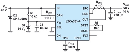 Figure 1. A 48 V, 10 A electronic fuse with an LTC4381