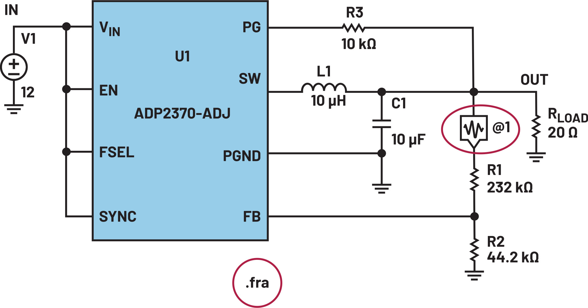 Figure 1. Addition of a frequency response analyzer in a switching regulator circuit for simulation of a Bode plot.