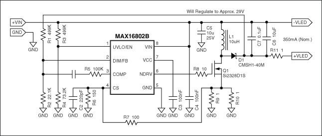 Caution: Avoid applying power to the circuit with the +VLED and -VLED terminals not connected to an LED.