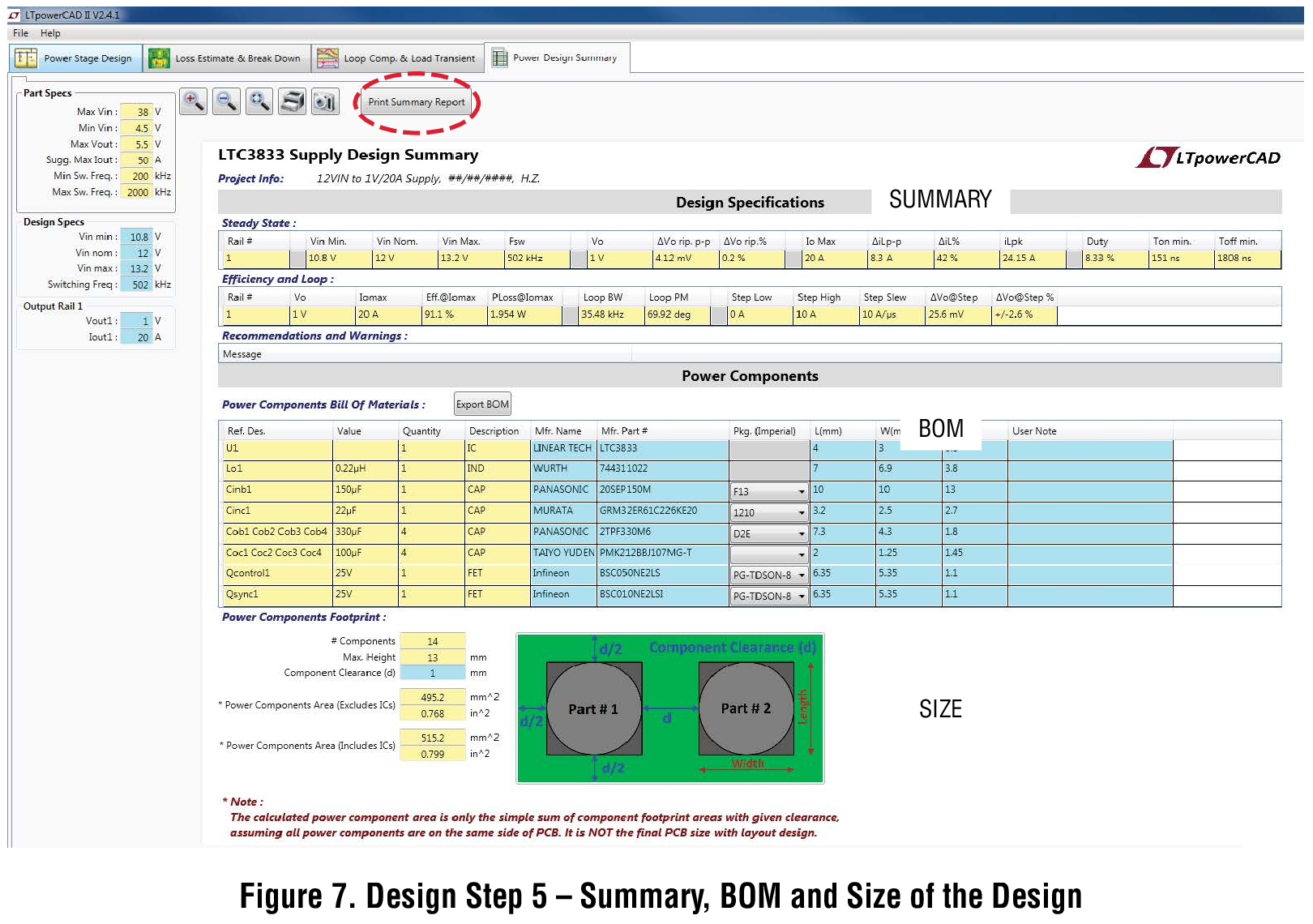 Figure 7. Design Step 5 — Summary, BOM and Size of the Design